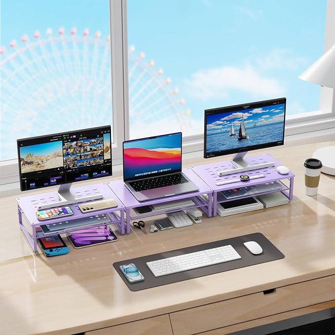 gianotter 2-Tier Metal Monitor Stand Riser, Office Desk Storage Organizer for Computer Monitor, Laptop, Printer, Office Supplies (Purple)