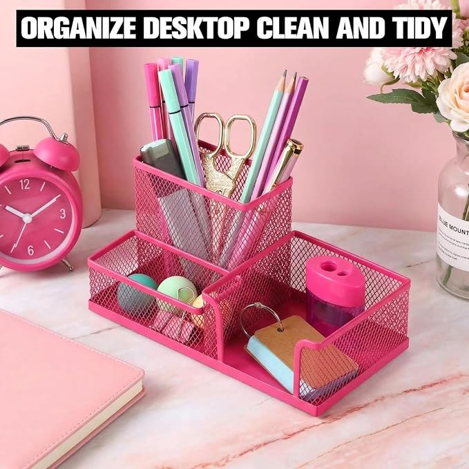Ferraycle 4 Pcs Mesh Desk Organizer 3 Compartments Mesh Pen Holder Sticky Notes Pencil Holder Metal Caddy Desk Pen Organizer for Desktop Accessories Storage Baskets Home Office School(Pink)