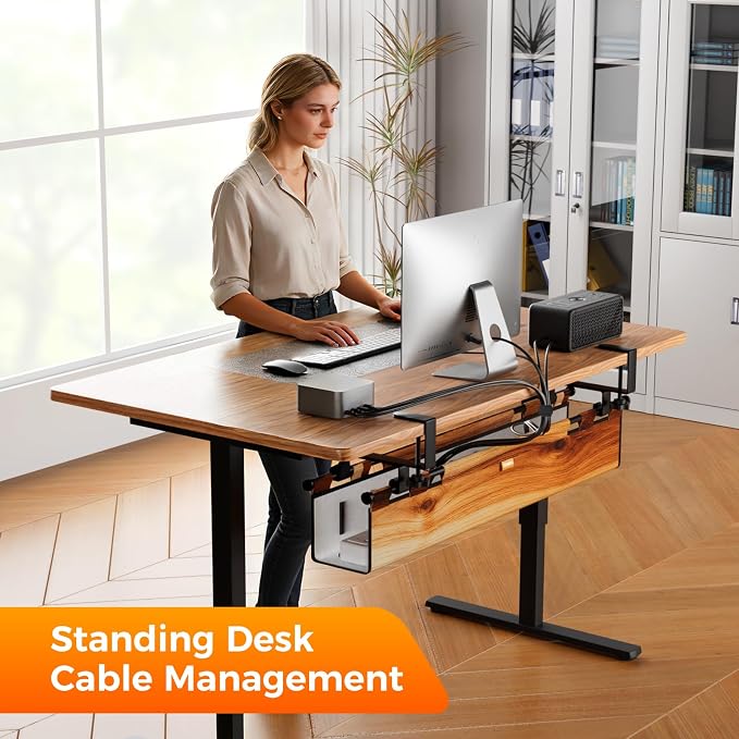 No Drill Thickened Under Desk Cable Management,38.5In,Wood-Grain | Upgraded Double-Layer Extra Thick Standing Desk Wire Management,Cord Organizer with Clamp/Screw Mount,for Office,Home