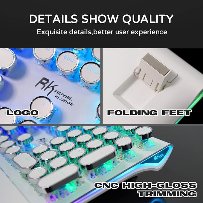RK ROYAL KLUDGE S108 Typewriter Style Mechanical Gaming Keyboard with RGB Backlit, Wired PC Game Keyboard Full Size with Detachable Wrist Rest and Number Pad, Retro Round Keycaps, Red Switches White