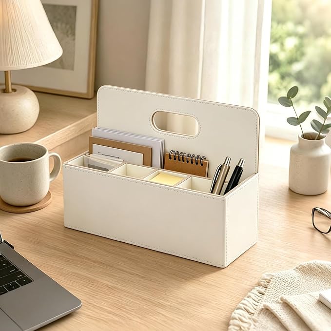 Mail Organizer Countertop, Pencil Holder, Office Supplies File Bill Sorter | PU Leather Aesthetic 5-Slot Desktop Storage box,Remote Caddy for Stationery,Glasses,Letter,Pen,Desk Accessories, Home Decor