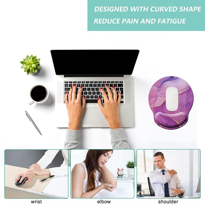 Mouse Pad with Wrist Support, Ergonomic Mouse Pad with Memory Foam Wrist Rest Cushion, Non-Slip Rubber Base Gaming Mice Pad for Home Office Computer Laptop, Purple Marble