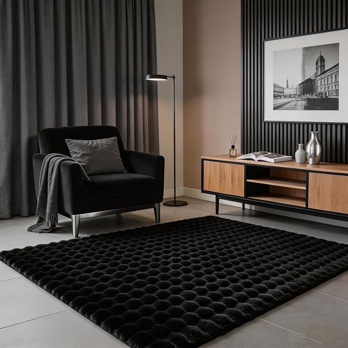 Black Rabbit Plush Rug 3'x5', Fluffy Shaggy Area Rug for Nursery & Kids Room, Faux Fur Carpet for Girls Bedroom, Living Room, Teen Decor