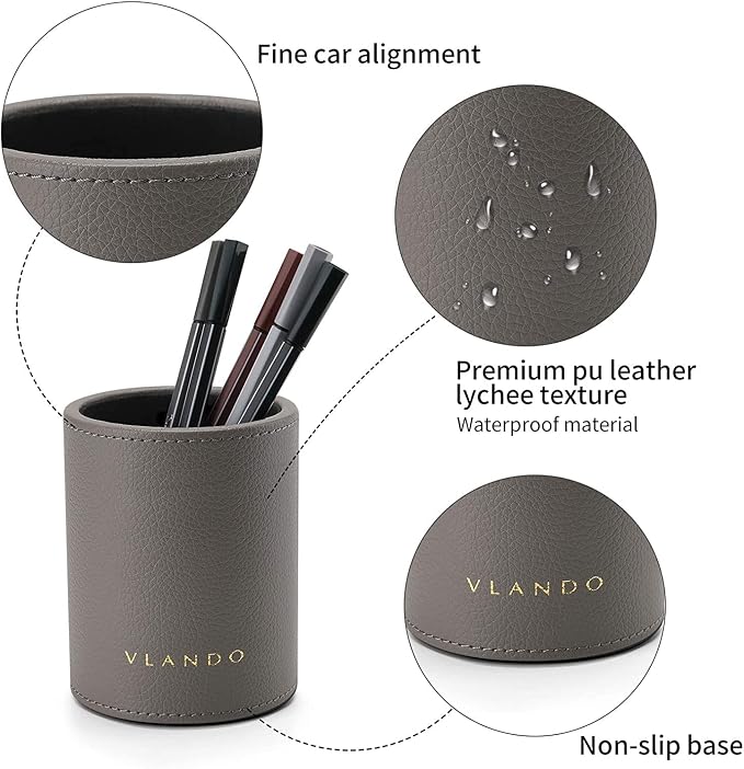 VLANDO Office Desk Organizer Leather Desktop Organizer Caddy with Drawer for Storing Desktop Supplies and Accessories (Grey Set)