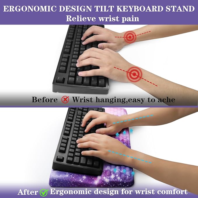 Ergonomic Keyboard Stand with Wrist Rest, Computer Wrist Support Pad | Comfy Tilted Keyboard Riser Holder Wrist Pad for Pain Relief, Soft Memory Foam Desk Cushion for Office Home