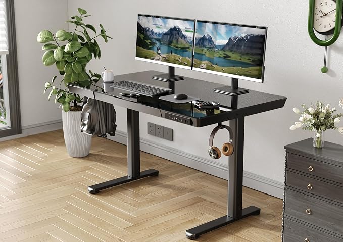 Claiks Glass Standing Desk with Drawers & USB Ports 48x24 Inch, Black | 3 Steps Quick Install, 2 Zones Drawer, USB Ports, Ultra White One-Piece Glass Top, Writable Top