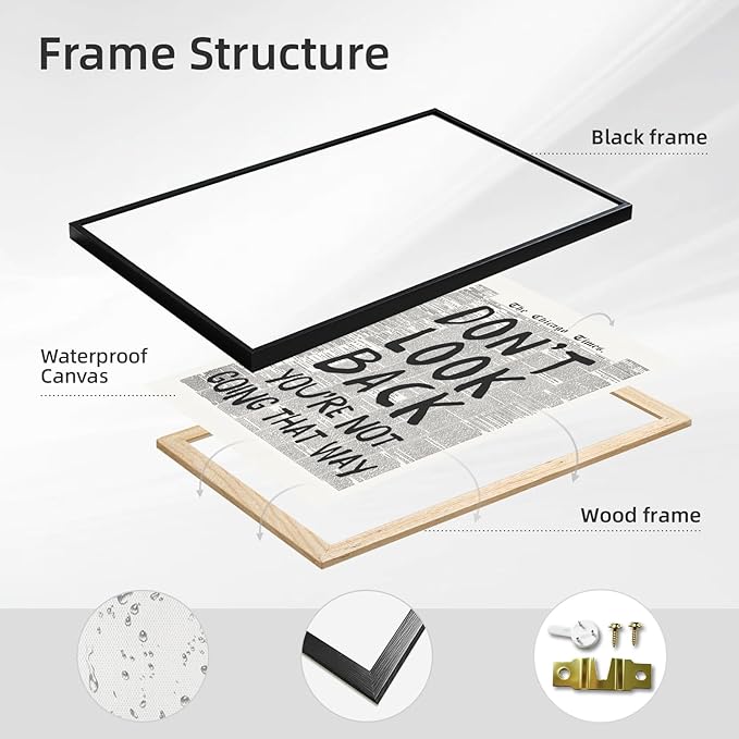 Framed Retro Newspaper Wall Art Trendy Black and White Poster Dont Look Back Inspirational Quote Posters Positive Motivational Affirmation Canvas Print Preppy Aesthetic Office Bedroom Decor 24x36inch