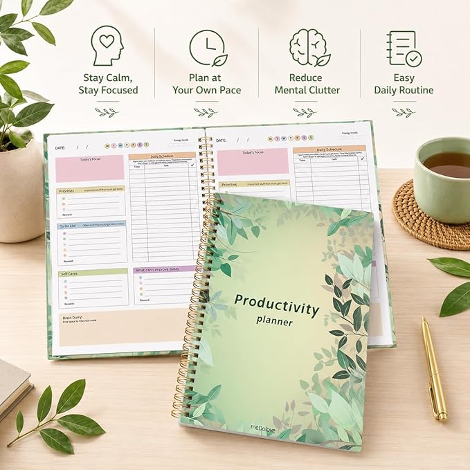 ADHD Daily Planner with Hardcover for Men & Women ,Productivity Planner & Undated Task Management Organizer Daily Schedule,Self-Care,To-Do List for Neurodivergent Adults, Focused Planners Cardboard Cover for Adult & Teens - Green Leaves