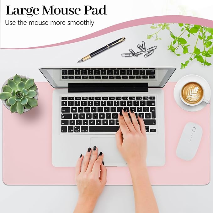 Pink Desk Mat, Leather Desk Pad Protector, Non-Slip Office Computer Mat, Waterproof Desktop Mat for Keyboard and Mouse, Pink Desk Accessories for Women, 23.6"x13.7"