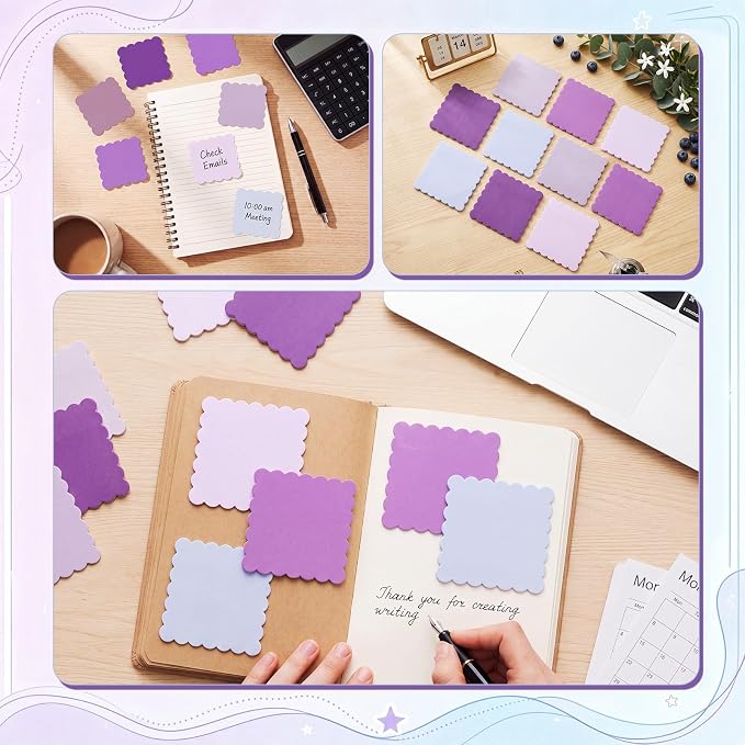 Epakh 10 Pack Scalloped Sticky Notes Bulk 3"x3" Cute Aesthetic Memo Pads 5 Gradient Colors Wavy Self Notepads for Office Study and Daily Life Organization, 300 Sheets(Purple)