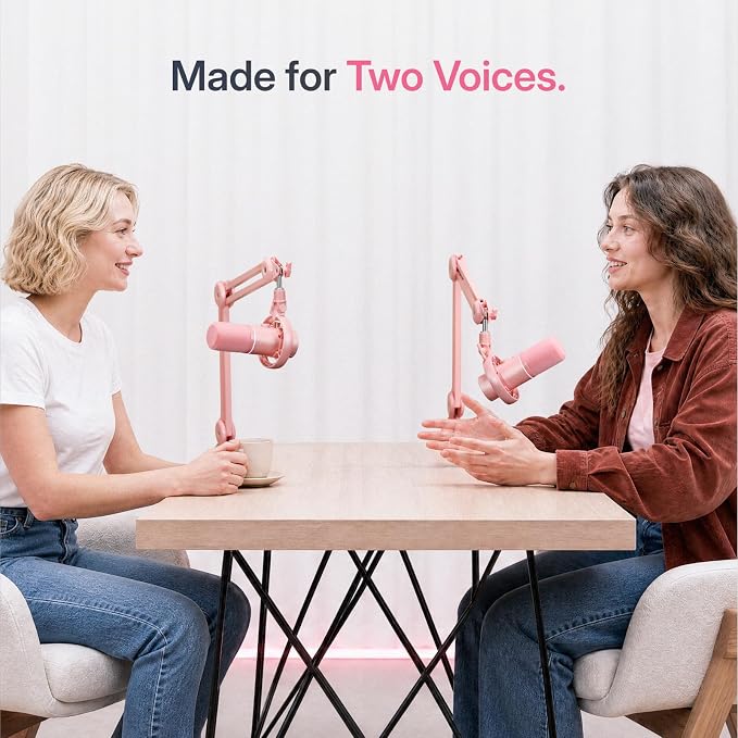 MAONO PD200W Hybrid Wireless Podcast Equipment Bundle for 2, XLR USB Dynamic Microphone Kit with 2 Desktop Stand, Software, Noise Cancellation, for Co-hosted Podcast, Vocal Recording, Pink