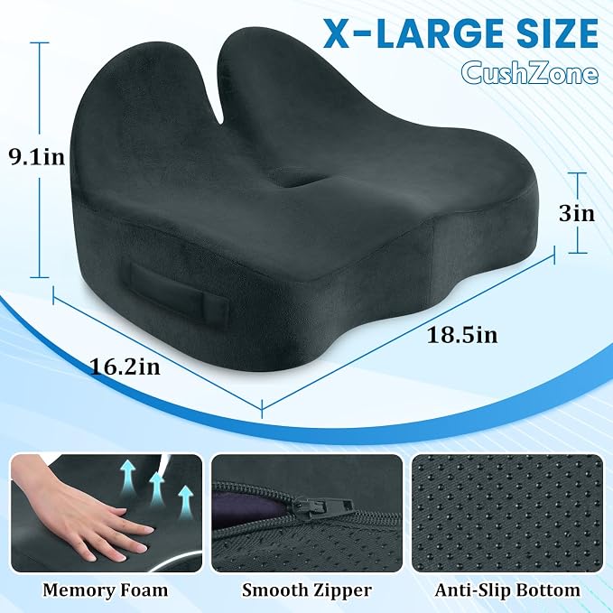 CushZone Seat Cushion, Memory Foam Office Chair Seat Cushion for Office Chairs/Car/Long Trip/Desk Chair/Gaming, X-Large Size for Sciatica & Hip & Tailbone Pain Relief, Sciatica Support (Deep Green)