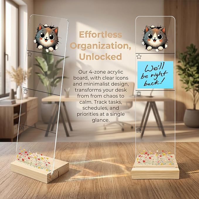 Sticky Note Holder, Monitor Memo Board, Acrylic Post It Note Holder with Wooden Base, Includes 200 Notes, Desk Organizer for Office, Cute Cat Design