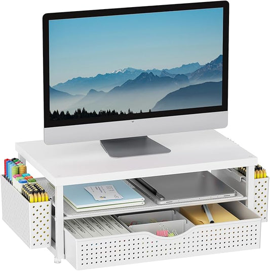 gianotter Desk Organizers and Accessories, Monitor Stand with Drawer and 2 Pen Holder, Desktop Organizer Suitable for Offices and Dormitories (White-Plain)