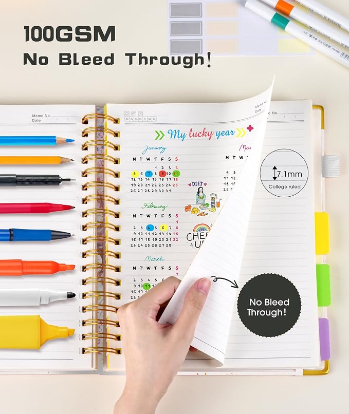Hardcover Spiral Notebook Journal with Removable Dividers Tabs, 300 Pages 5 Subject Notebook College Ruled, 100GMS Notebooks for Work School Note Taking,Lined Journal for Women,Colorful Tree of Life