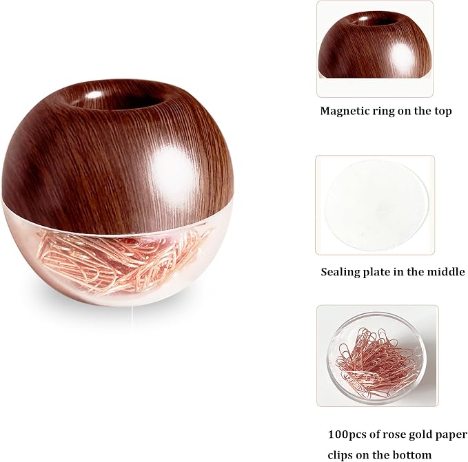 Walnut Wood Paper Clip Holder , Wooden Magnetic Paper Clip Dispenser with Rose Gold PaperClips 100pcs 28mm(1.1") Cute Office Supplies for Desk Organizer