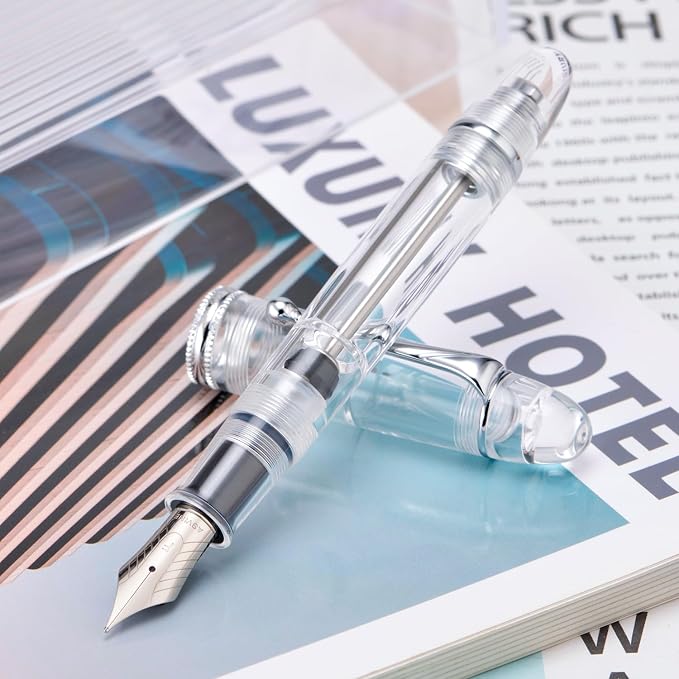 Asvine V800 Fountain Pen - Vacuum Filling System with Large Ink Capacity - Smooth Number 8 Fine Nib with Gift Case and Wrench - Clear Silver Acrylic