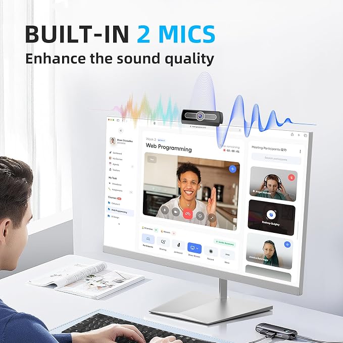 1080P Webcam with Microphone, Full HD Streaming Camera, Noise Cancelling, Auto Light Adjustment, USB Plug-and-Play Computer Camera, for Desktop PC or Laptop