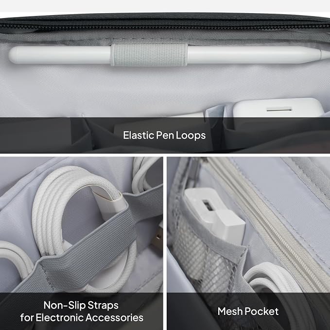 TOPEAST Quilted Cable Organizer Bag, Soft Tech Pouch & Travel Electronics Case with Elastic Pen Loop, Tangle-Free Cord Organizer for Women, Office Desk, AirPods, Chargers & Accessories, Black