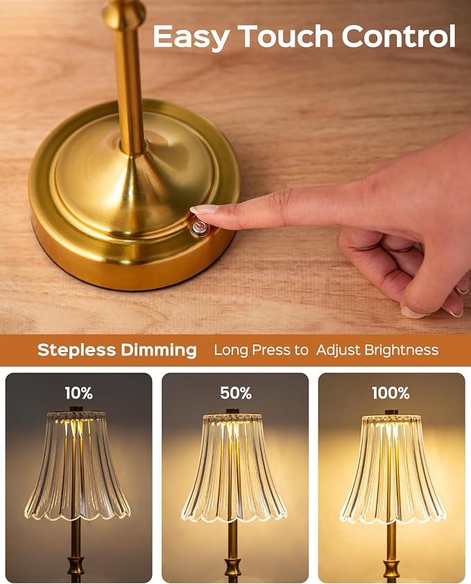 JACKYLED Vintage Cordless Table Lamp, Acrylic Crystal Flower Lamp Shade, 3 Colors Dimmable LED Golden Lamp, 5000Capactiy powerOperated Rechargeable Lamp for Kitchen Counter Home Decor