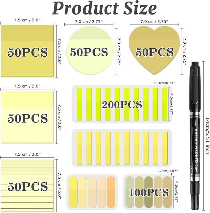 850 Sheets Transparent Sticky Notes, 3 x 3 Inch Clear Sticky Notes with Marker Pen for Bible, Waterproof Self-Adhesive Annotation Tabs, Gradient Color Note Pads for School Office (Yellow)