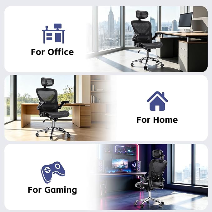 naspaluro Home Office Chair with Flip-up Armrests Adjustable Headrest Lumbar Support, Mesh Desk Chair 90-120°Rocking Chairs for Home Office, Study, Work & Gaming, Black
