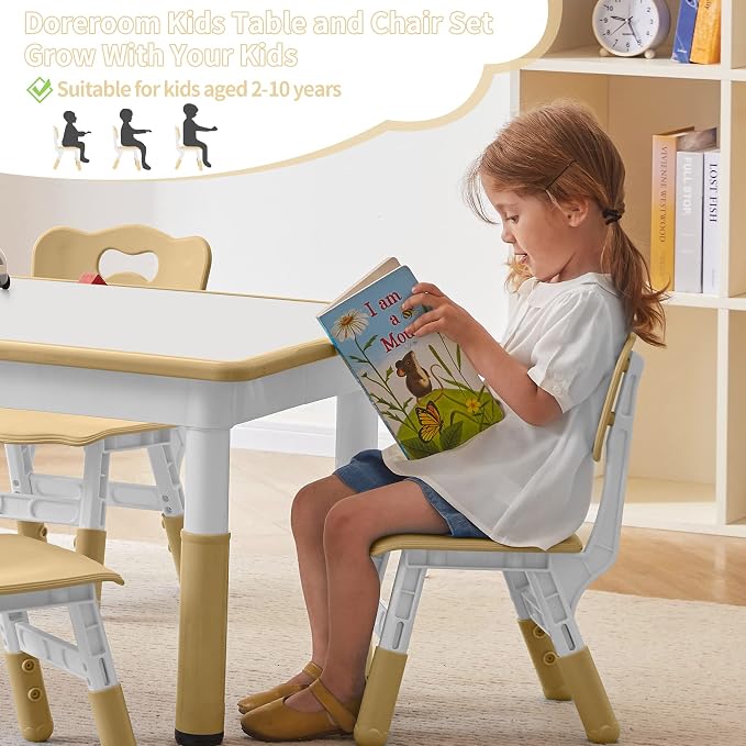 DOREROOM Adjustable Kids Table & 4 Chairs Set, 47.2" L x 23.6" W, Beige | Graffiti Desktop,Table Supports 300 lbs,Toddler Ages 2-8，FSC-certified, Children Activity Table for Daycare, Classroom, Home