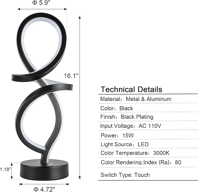 Mayful RGB Modern Table Lamp with 15W LED Spiral Spiral Design, Black Nightstand Lamp & Small Bedside Lamp, Touch Dimmable with 7 Colors & 10 Modes for Bedroom, Living Room, Office
