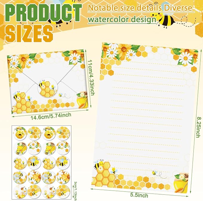 TaoBary 160 Pcs Stationery Paper Set 50 Double Sided Stationery Papers with 50 Matching Envelopes and 60 Round Dot Sticker, 10 Design(Bee,8.25 x5.5 Inch)