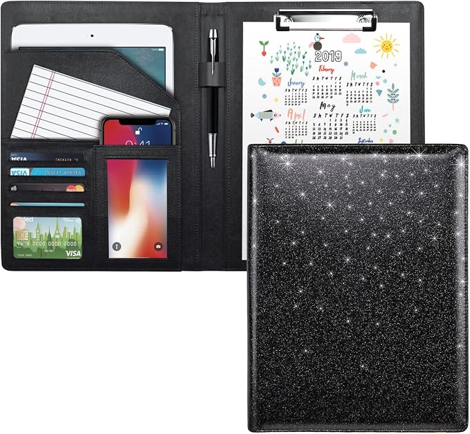 Glitter Portfolio Case, Bling Padfolio Cover for Women, Conference/Resume/Legal Document Organizer with Letter/A4 Size Clipboard Hardboard, Business Card Holders, Black