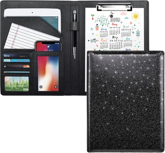 Glitter Portfolio Case, Bling Padfolio Cover for Women, Conference/Resume/Legal Document Organizer with Letter/A4 Size Clipboard Hardboard, Business Card Holders, Black