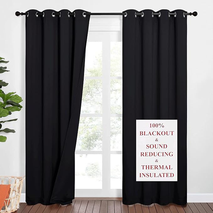 NICETOWN Sound Blocking and Heavy-Duty Space Divider Curtains for Living Room, Lined Insert Noise - Blackout - Thermal Insulation Curtains for Room Divider/Space Solutions (Black, 84 inches Long)