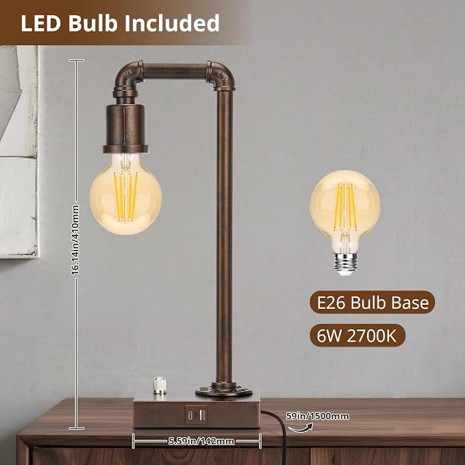 Industrial Table Lamp for Bedroom, Fully Dimmable Bedside Lamp with USB C+A Ports, Vintage Lamp with Water Pipe Design, Steampunk Table Lamps for Living Room, Dorm, Office, 6W LED Bulb Included
