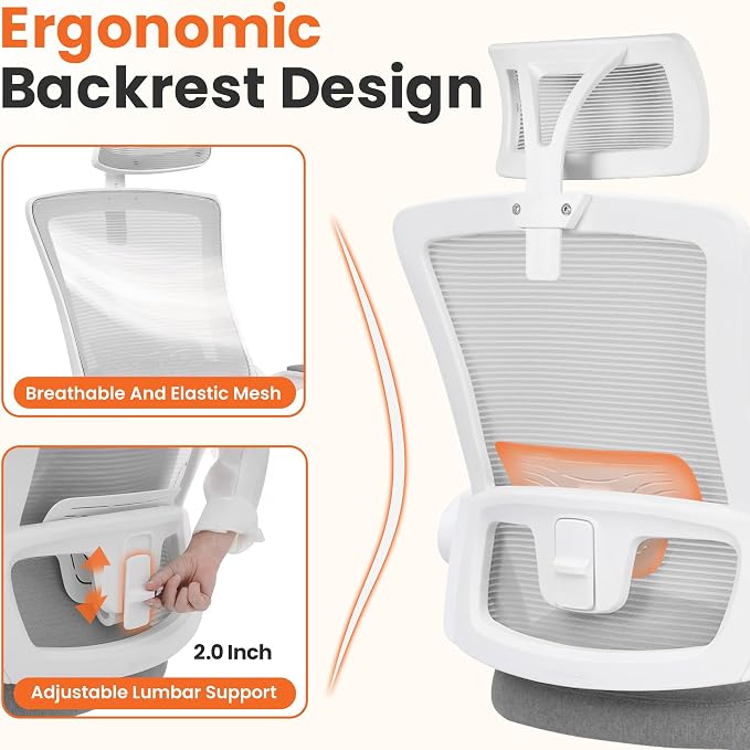 NEO CHAIR Office Desk Chair Gaming Computer High Back Support Mesh Comfy Seat with Adjustable Ergonomic Headrest Lumbar Rolling Flip-up Armrests and Wheels (Grey)