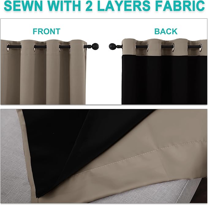 NICETOWN 100% Blackout Curtains with Black Liners, Solid Thermal Insulated Full Blackout 2-Layer Lined Drapes, Energy Efficiency Window Draperies for Bedroom (2 Panels, 46" W by 54" L, Taupe)