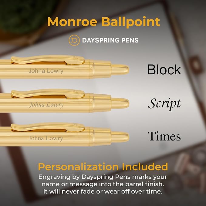 Dayspring Pens Monroe Gold Ballpoint Pen, 18K Gold-Plated Finish, Custom Engraved — Graduation, Promotion, New Job, or Office Gift