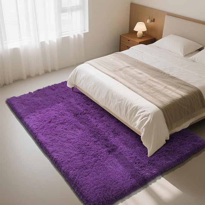 Purple Fluffy Rug Shag Area Rug, 9x12 Area Rugs for Girls Bedroom, Big Soft Shag Bedside Non-Slip Plush Dorm Carpet Home Decor Aesthetic