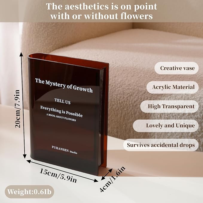 Puransen Brown Book-Shaped Vase for Flowers - Aesthetic Room Decor for Modern Home/Office, Minimalist Shelf Organizer with Floral Display, for Book Lovers & Interior Design Enthusiasts