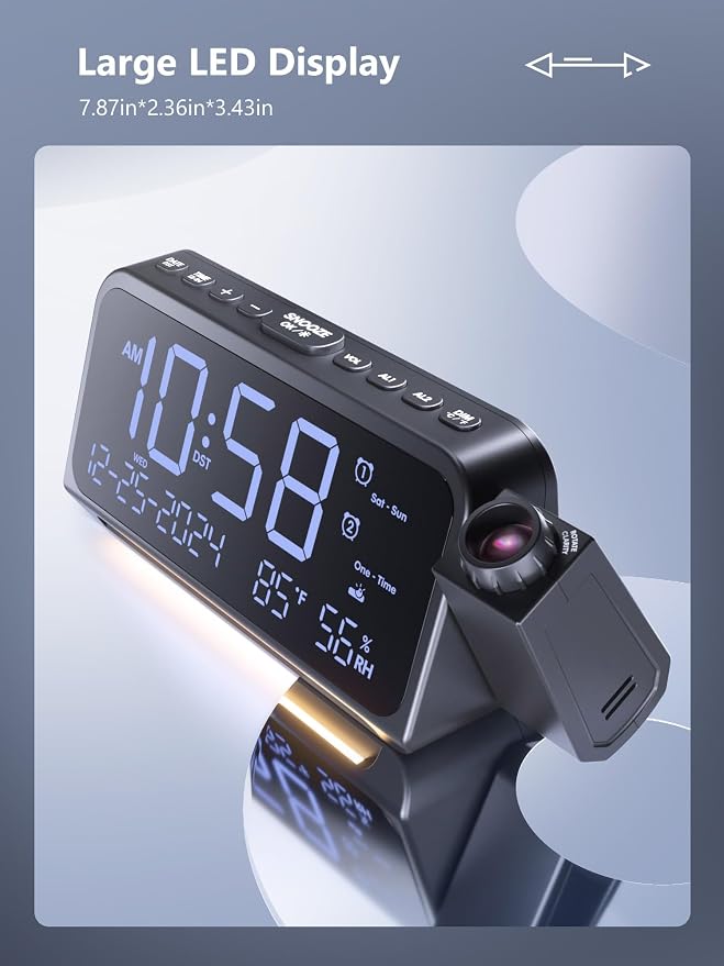 Projection Clock for Bedroom Ceiling, Alarm Clock with Battery Backup | 350° Red Projector, White LED Display, Dual Alarms, 4 Alarm Modes, 5-Level Dimmer, Temp & Humidity, Snooze, USB Charging