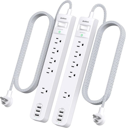 Addtam 10FT Power Strip Surge Protector, 5 Outlets with 3 USB Ports, Long Extension Cord Flat Plug, 1050J Overload Protection, Wall Mount, Desk Charging Station for Home Office Dorm Room Essentials