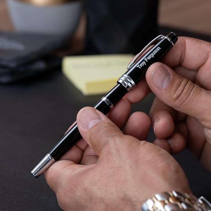 Personalized Cross Fountain Pen | Engraved Cross Bailey Black Lacquer Fountain Pen with Silver Trim. Stately Professional Custom Business Gift.