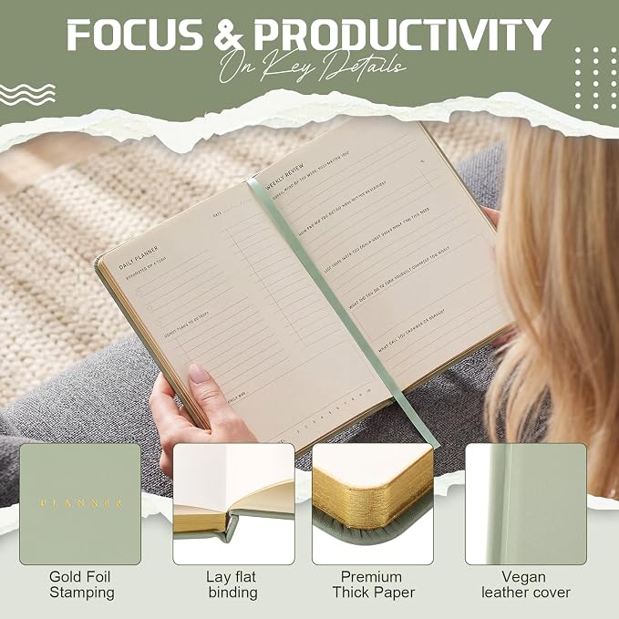 Productivity 3-month Planner Undated Daily Weekly Monthly Planner with Hardcover, Setting Guided Journal for Time Management, Habit Tracking, Self Care & Organization(Green)