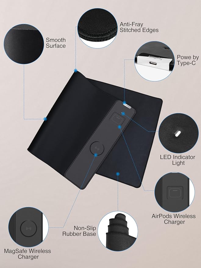 TopMade Mouse Pad with 15W Wireless Charging, Gaming Mousepad Home Office Large Desk Pad with Ultra-Smooth Surface, Non-Slip Base, Waterproof Keyboard Pad, Classic Black Desk Mat