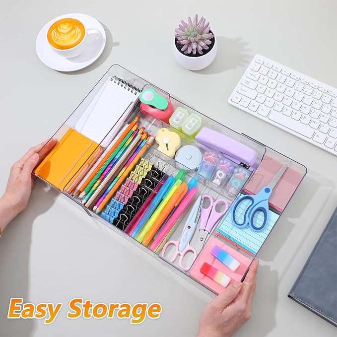 2 Pcs Large Expandable Desk Drawer Organizer, Adjustable Drawer Dividers Tray with Compartments for Organizing Pens, Pencils, Paper Clips and Sticky Notes, Office, Kitchen, Desk Supplies