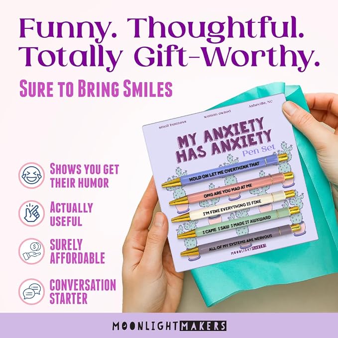 Moonlight Makers Funny Pens — Cute Pens with Sayings for Anxiety, Black Ink Ballpoint, Snarky Office Desk Accessories, Women, Coworkers, Friends, Gift Ideas, Set of 5, My Anxiety Has Anxiety
