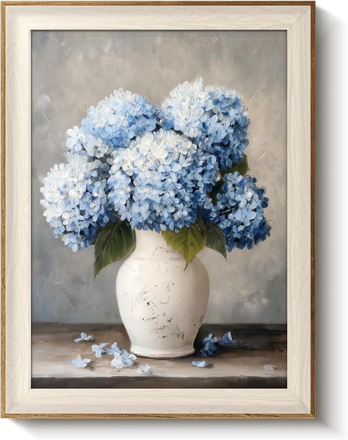 VIYYIEA Vintage Framed Wall Art for Living Room, Blue Hydrangea Canvas Prints, Oil Painting Home Decor, Flowers Picture, Bathroom Wall Decor Gifts for Friends or Family - 16L x 12W