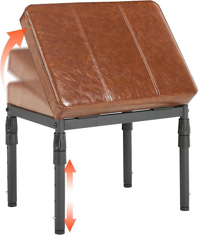 TIOPGHAD Adjustable Ottoman Pouf, 60 Degree Tilt, Brown Synthetic Leather | 4-Height Footrest, 28 Positions, Iron frame, Foam Cushion, 15.74 x 11.81 x 13.34 in, Under Desk, Living room, Home Office"