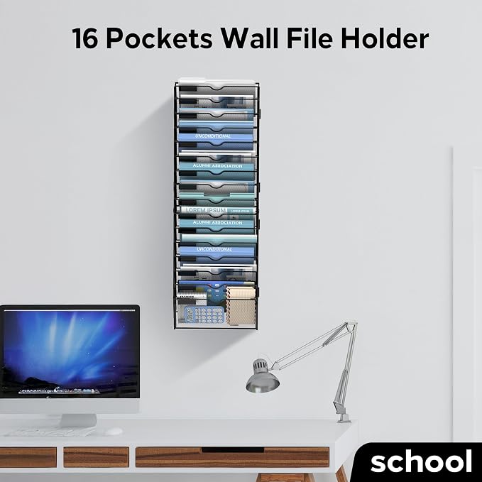 16 Tier Wall Hanging File Organizer, Paper Folder Holder Wall Mounted, Metal Mail Sorter for Office Home School, Black