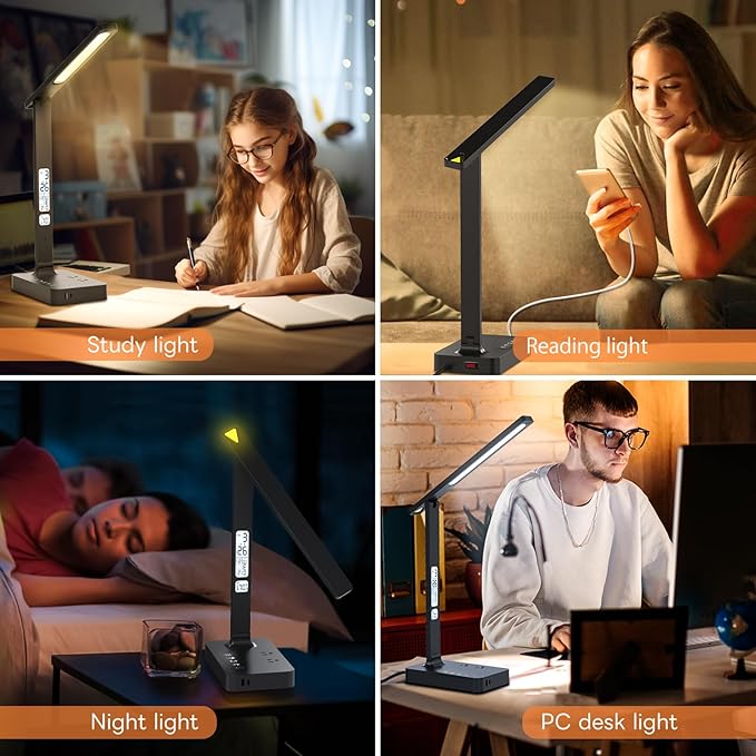 Power Strip with LED Desk Lamp: 2 Outlets 1 USB-A Ports 1 Type-C Ports 5 Modes & Color. Touch Small Desk Lamp for Home Office Bedroom Bedside, Study Reading Light, Dorm Room Essentials