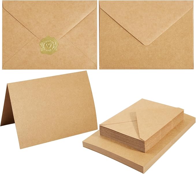 50 Pack Kraft Paper A7 Envelopes with Cards and Gold Stickers, 5x7 | With Thick Folded Cardstock, For Greeting Cards, Wedding, Birthday, Invitations, Baby Showers